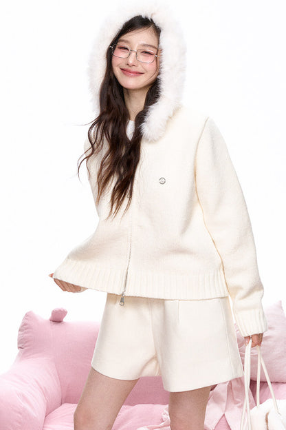 Large Fur Collar Hooded Knit Cardigan and Shorts Set-Up