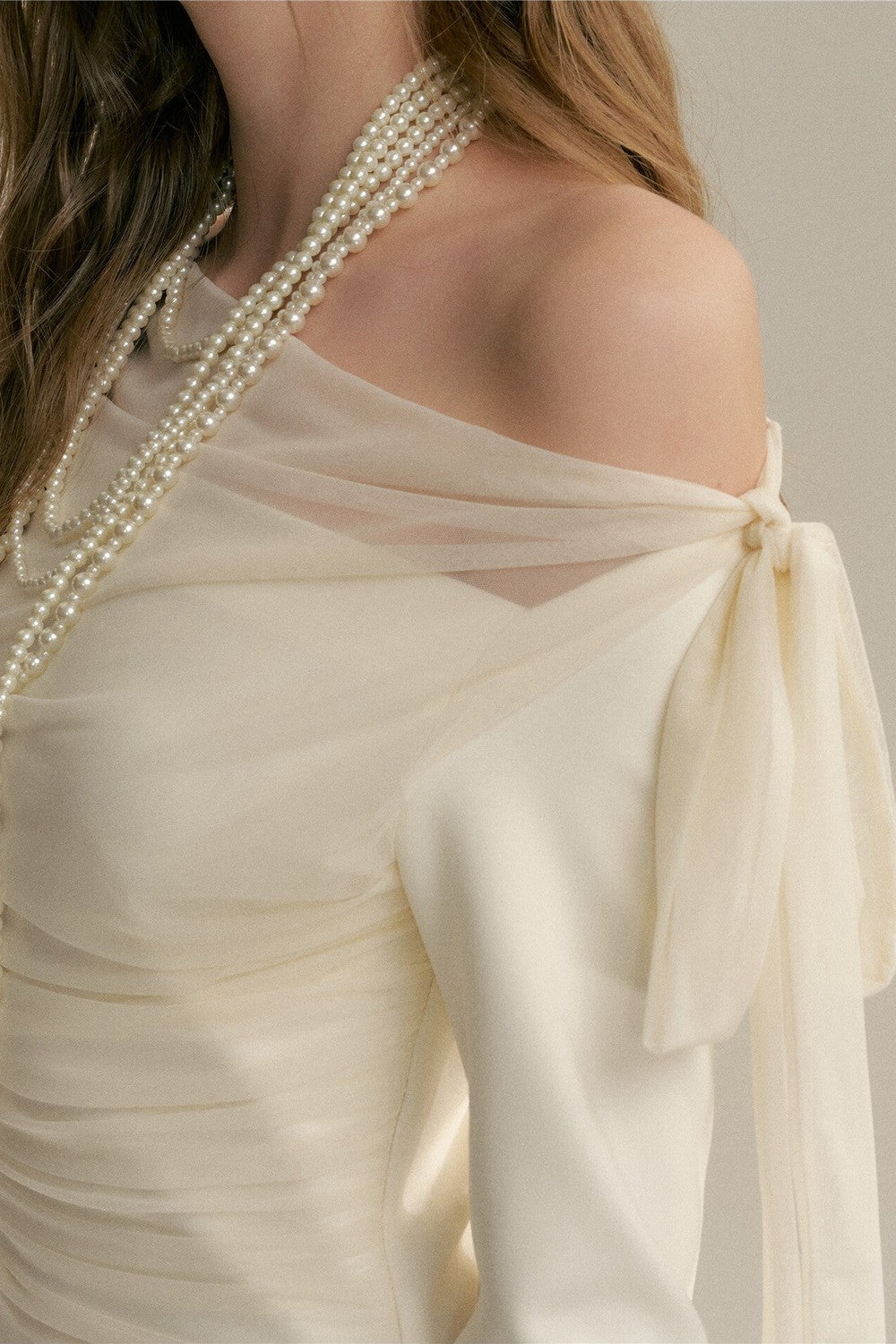 Pleated Tulle Bow Long-Sleeve Dress
