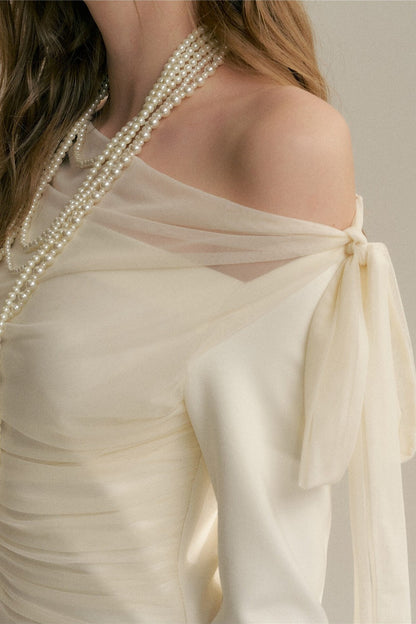 Pleated Tulle Bow Long-Sleeve Dress