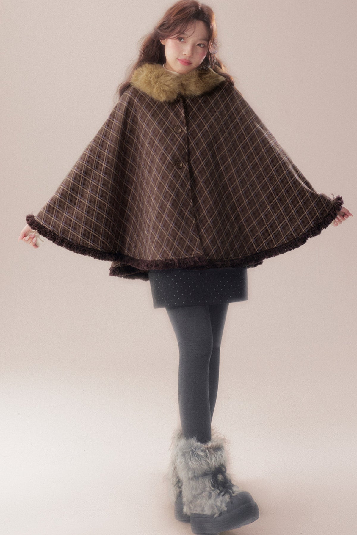 Plaid Fur Collar Hooded Shawl Cape