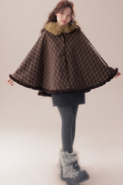 Plaid Fur Collar Hooded Shawl Cape