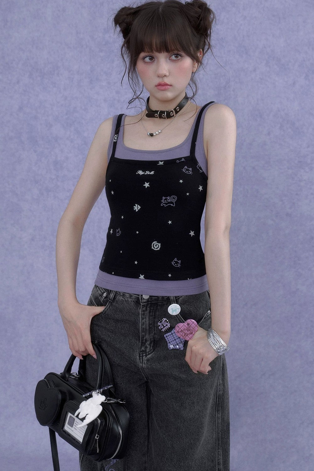 Black Purple Cutout Camisole Set