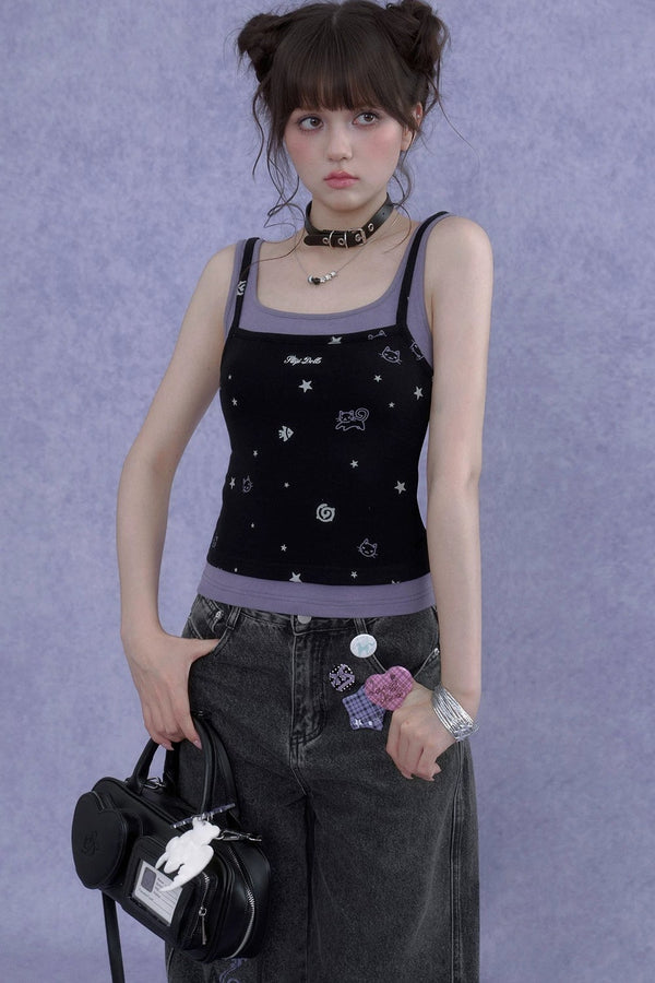Black Purple Cutout Camisole Set