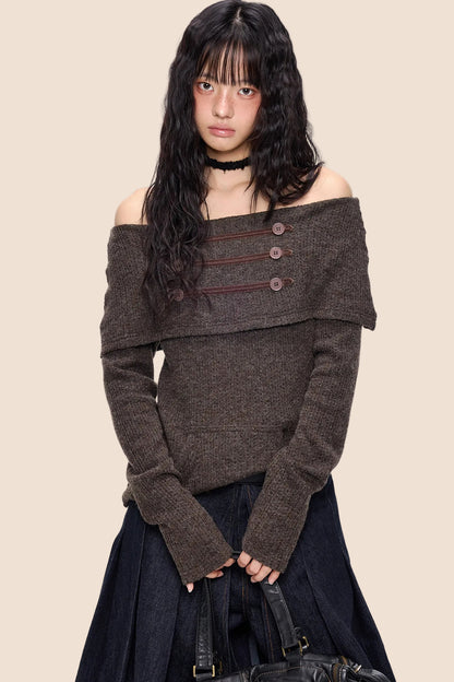 Button Off-Shoulder Knit Top