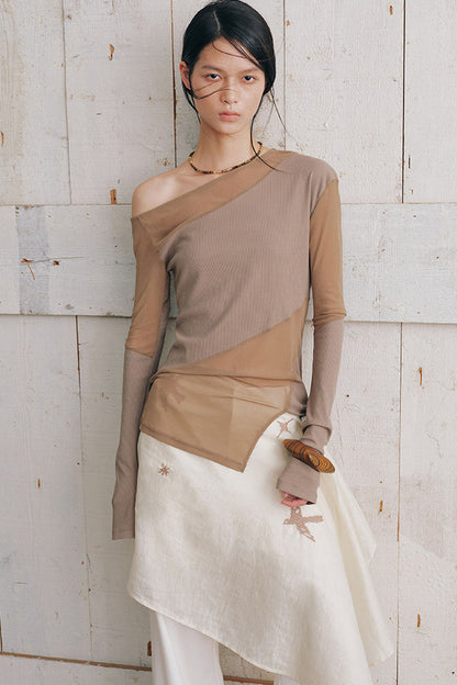 Asymmetrical Sheer Long Sleeve Top