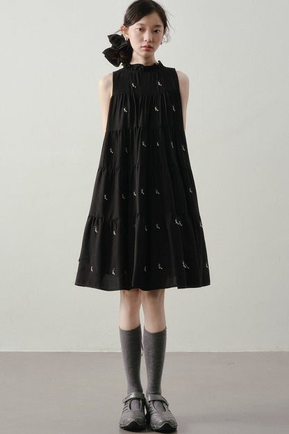 Embroidered Sleeveless Ruffle Stand Collar Dress