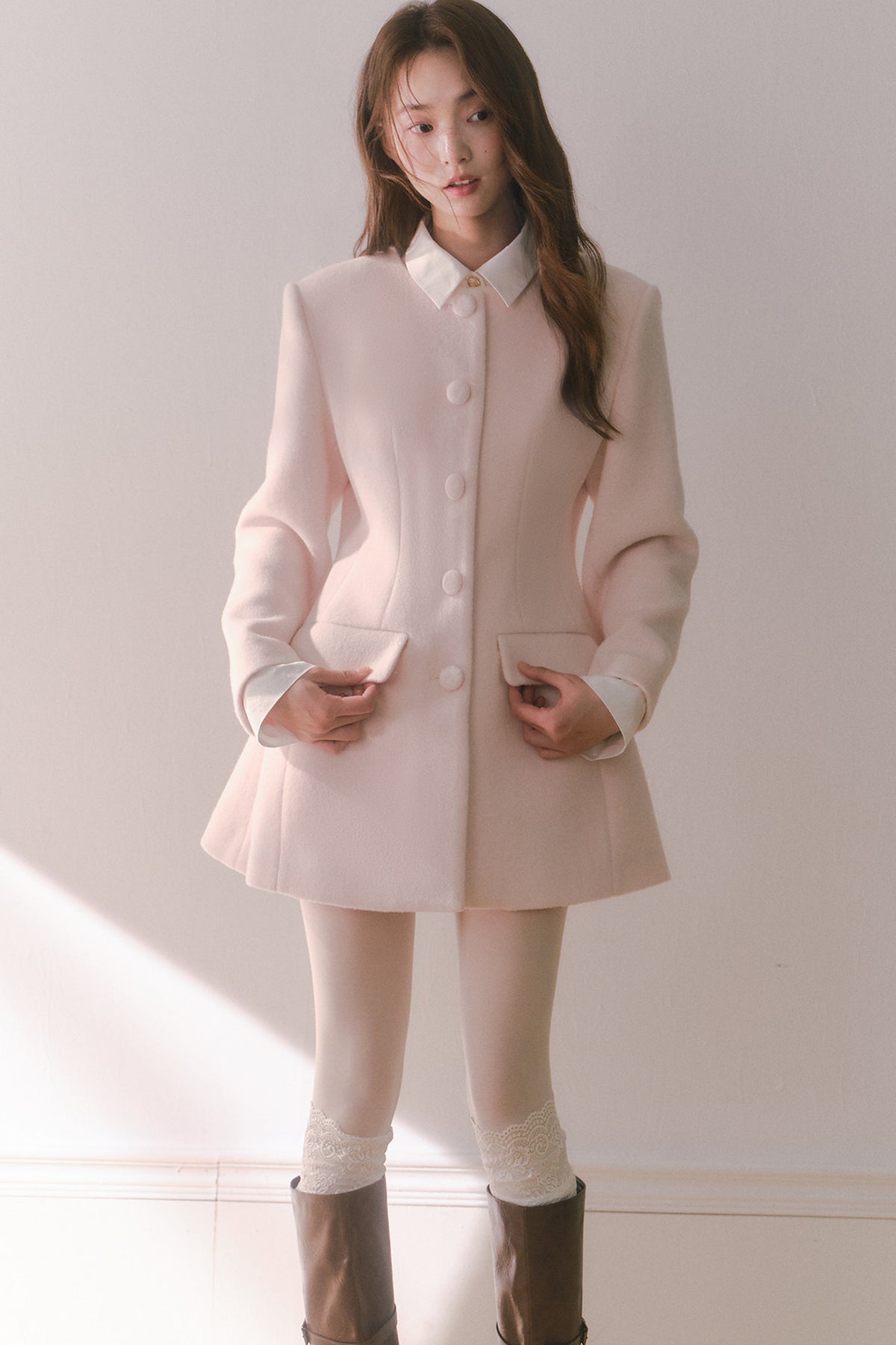 Pink Wool Shirt Collar Mid-Length Coat