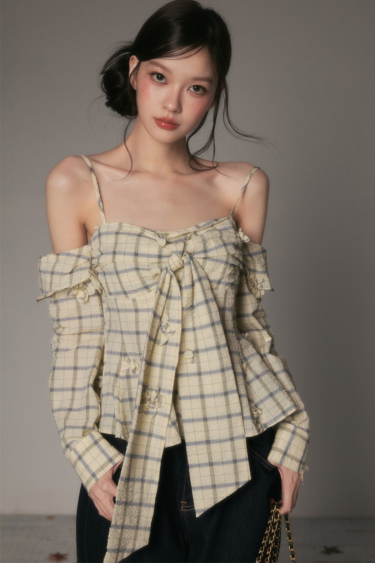 Bow-Tie Plaid Floral Long-Sleeve Tube Top