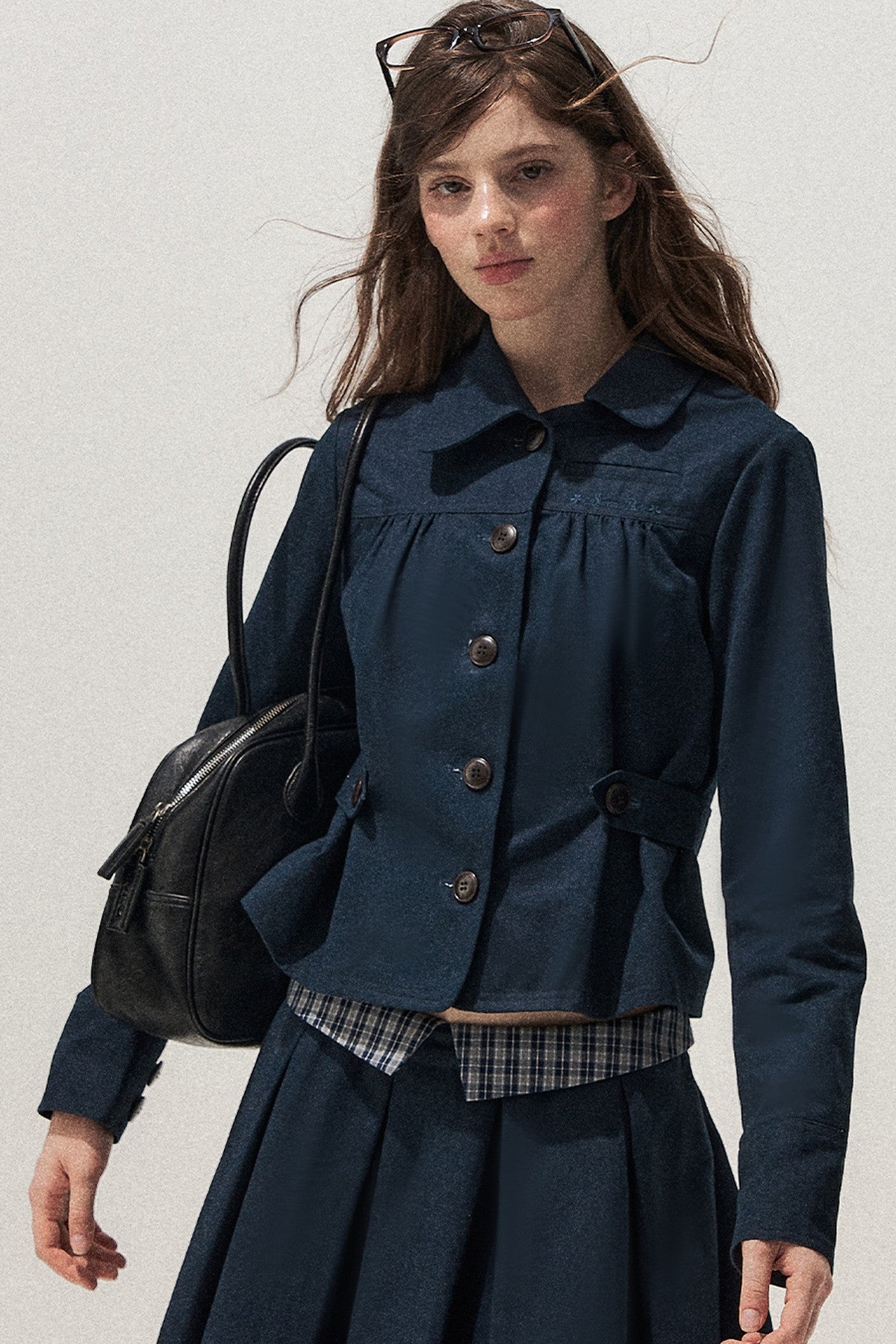 Navy Denim Jacket and Pleated Skirt Set-Up