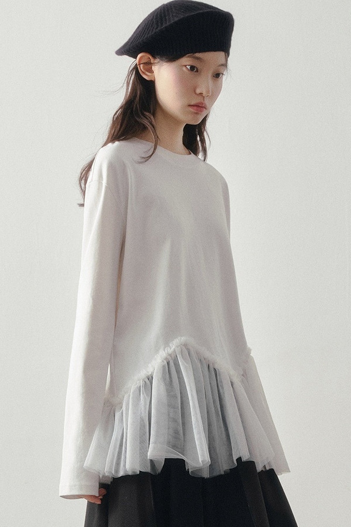 Wavy Hem Mesh Long Sleeve Top