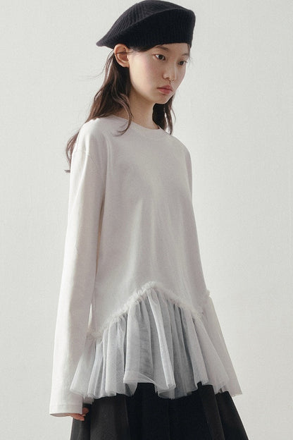 Wavy Hem Mesh Long Sleeve Top