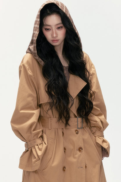 Plaid Patchwork Double-Breasted Hooded Padded Trench Coat