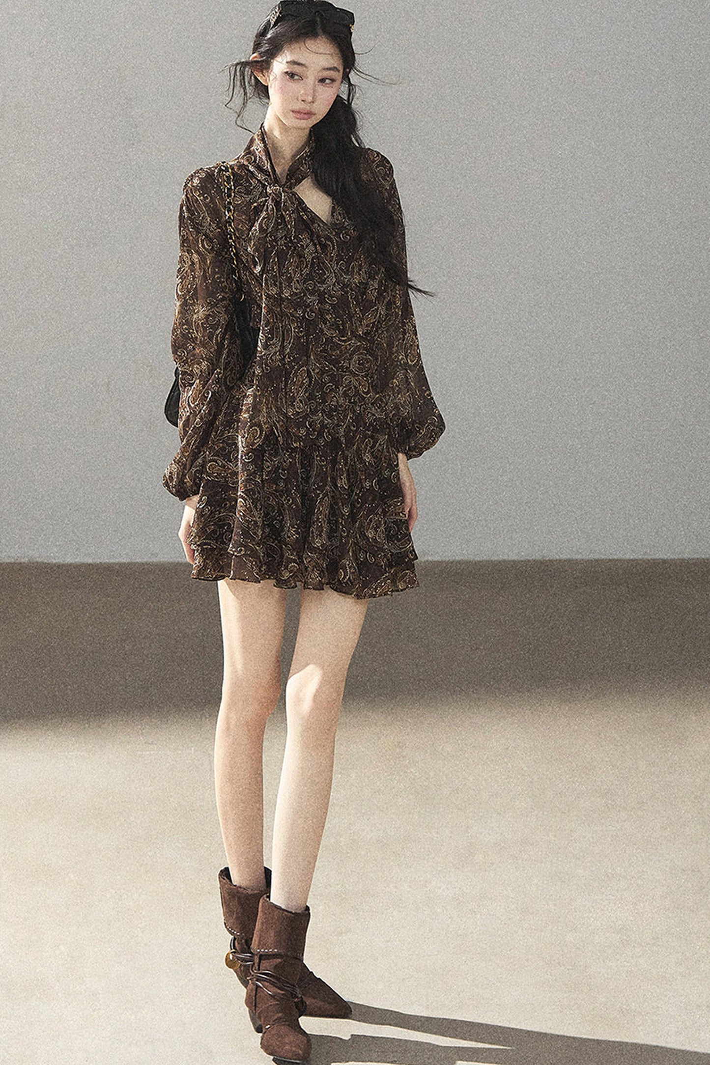 Long-Sleeve Puffy Chiffon Dress
