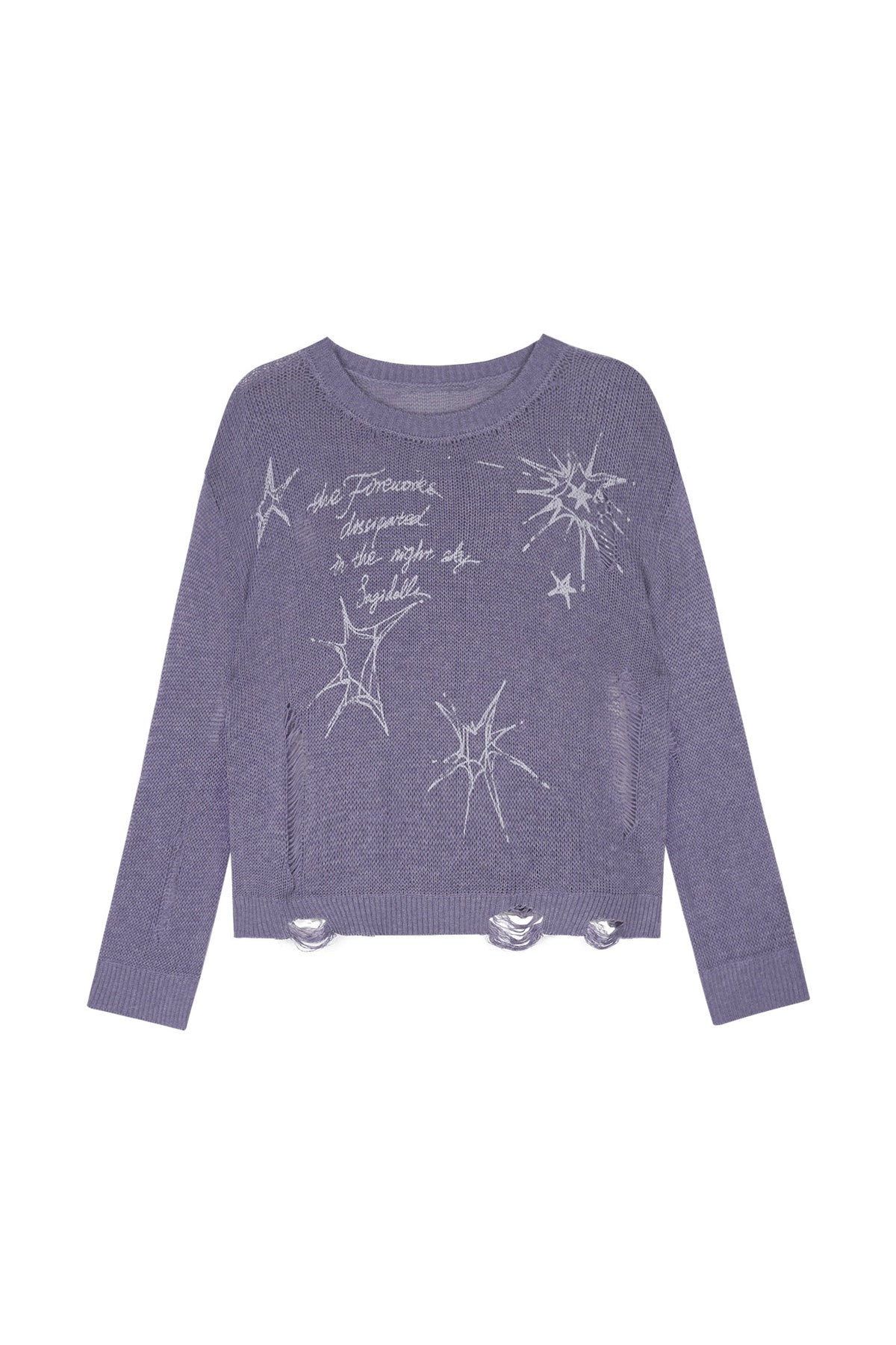 Purple Ripped Knit Print Sweater