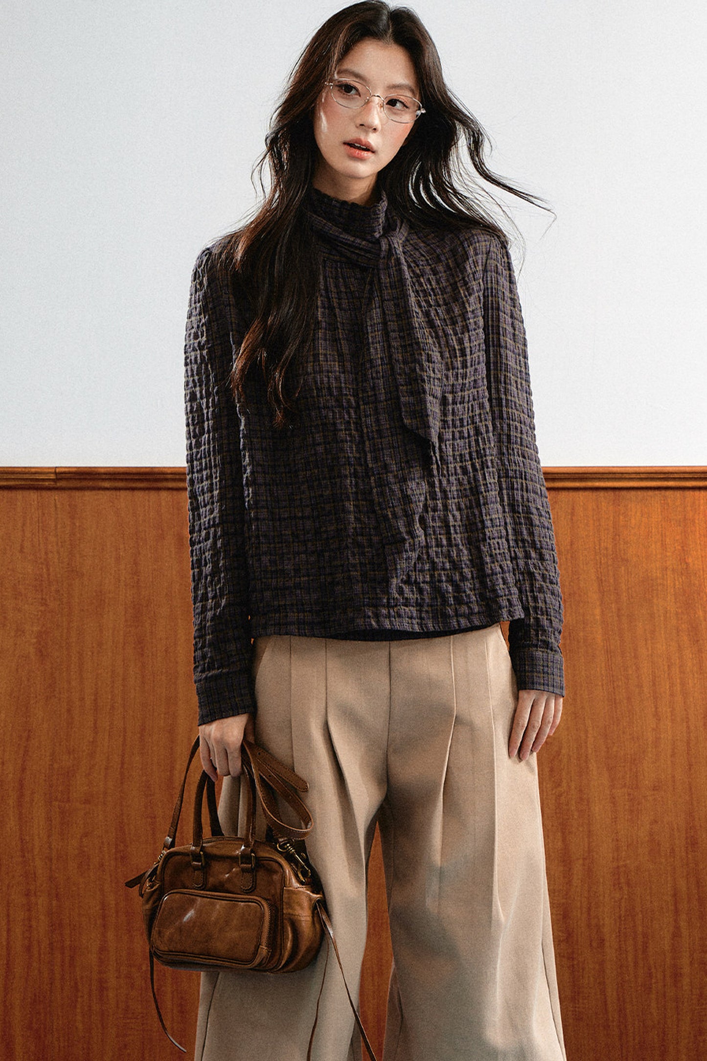Retro Plaid Ribbon Top and Suede Skirt Set-Up