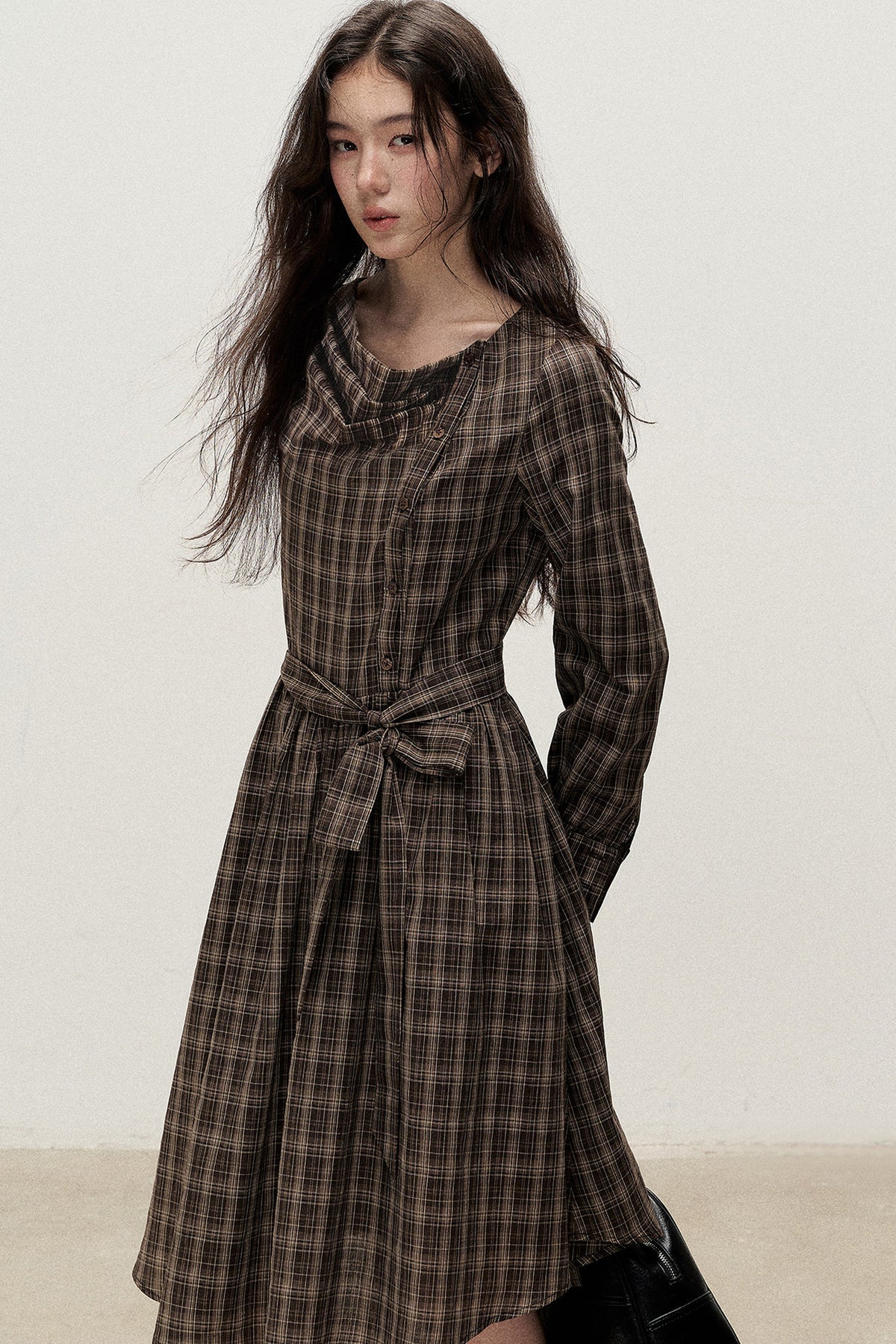 Diagonal Placket Plaid Ribbon Dress