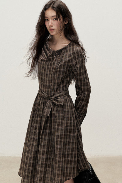 Diagonal Placket Plaid Ribbon Dress