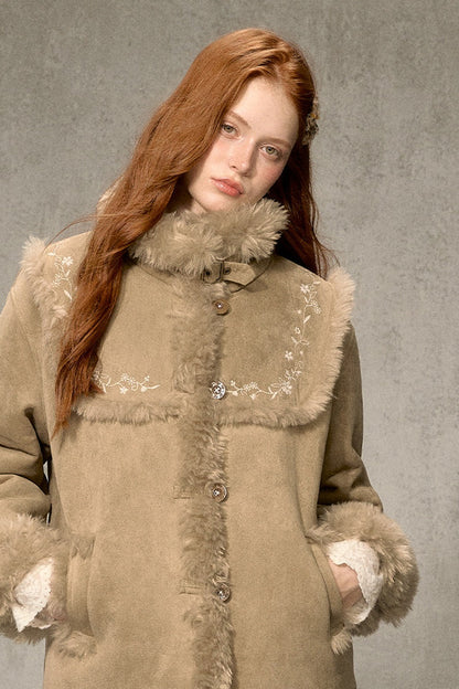 Embroidered Fur Collar Shearling Jacket
