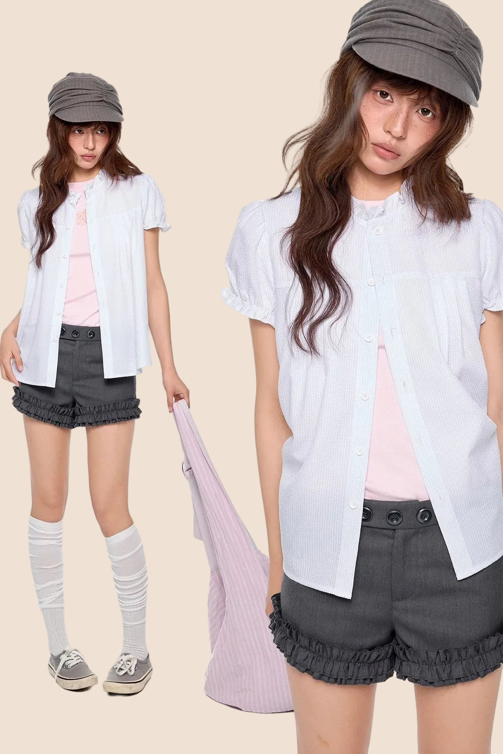 Pleated Lace Collar Short Sleeve Shirt