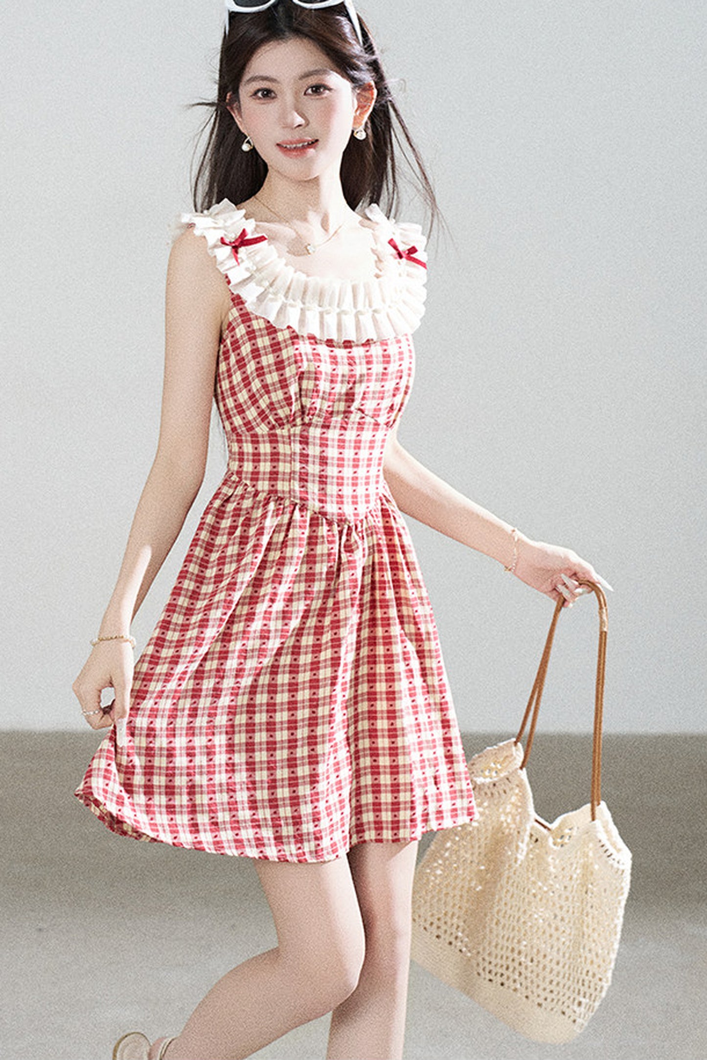 Red Plaid Sleeveless Ruffle Dress