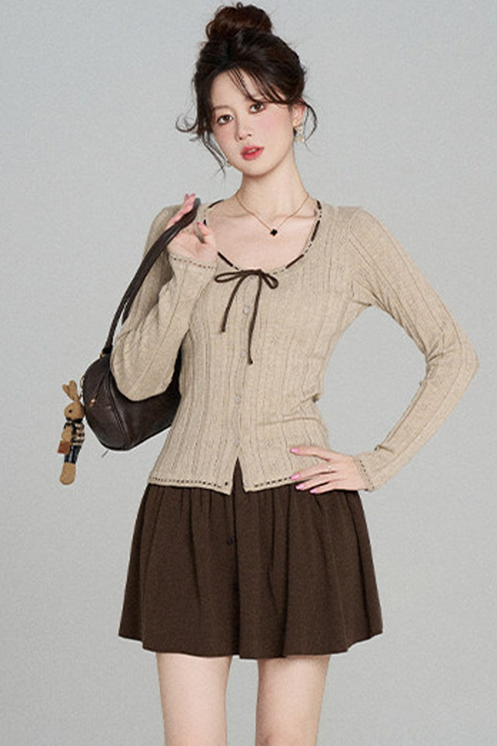 Hollow-Out Knit Cardigan and Skirt Set-Up