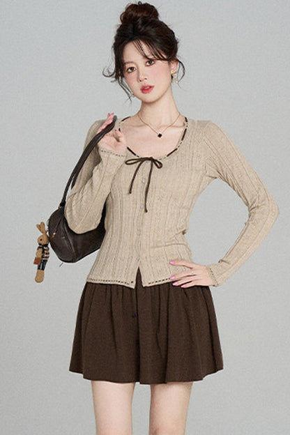 Hollow-Out Knit Cardigan and Skirt Set-Up