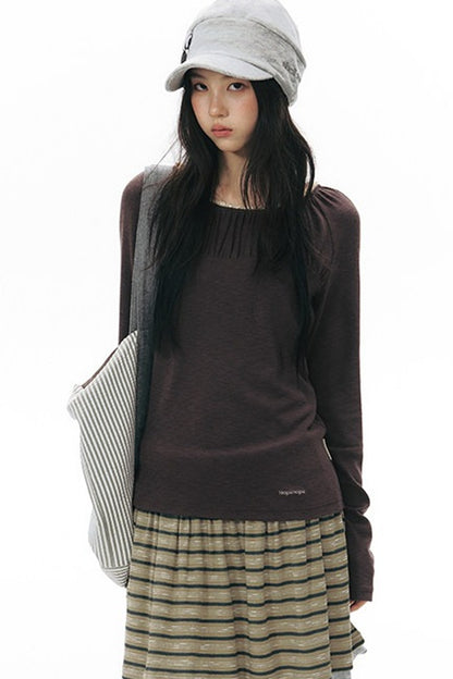 Pleated Striped Knit Base Layer Top