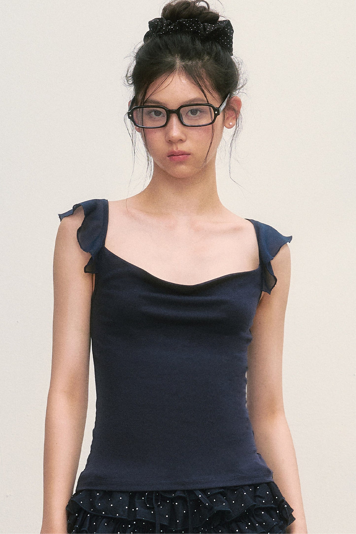 Navy Blue Flutter-Sleeve Chiffon Camisole