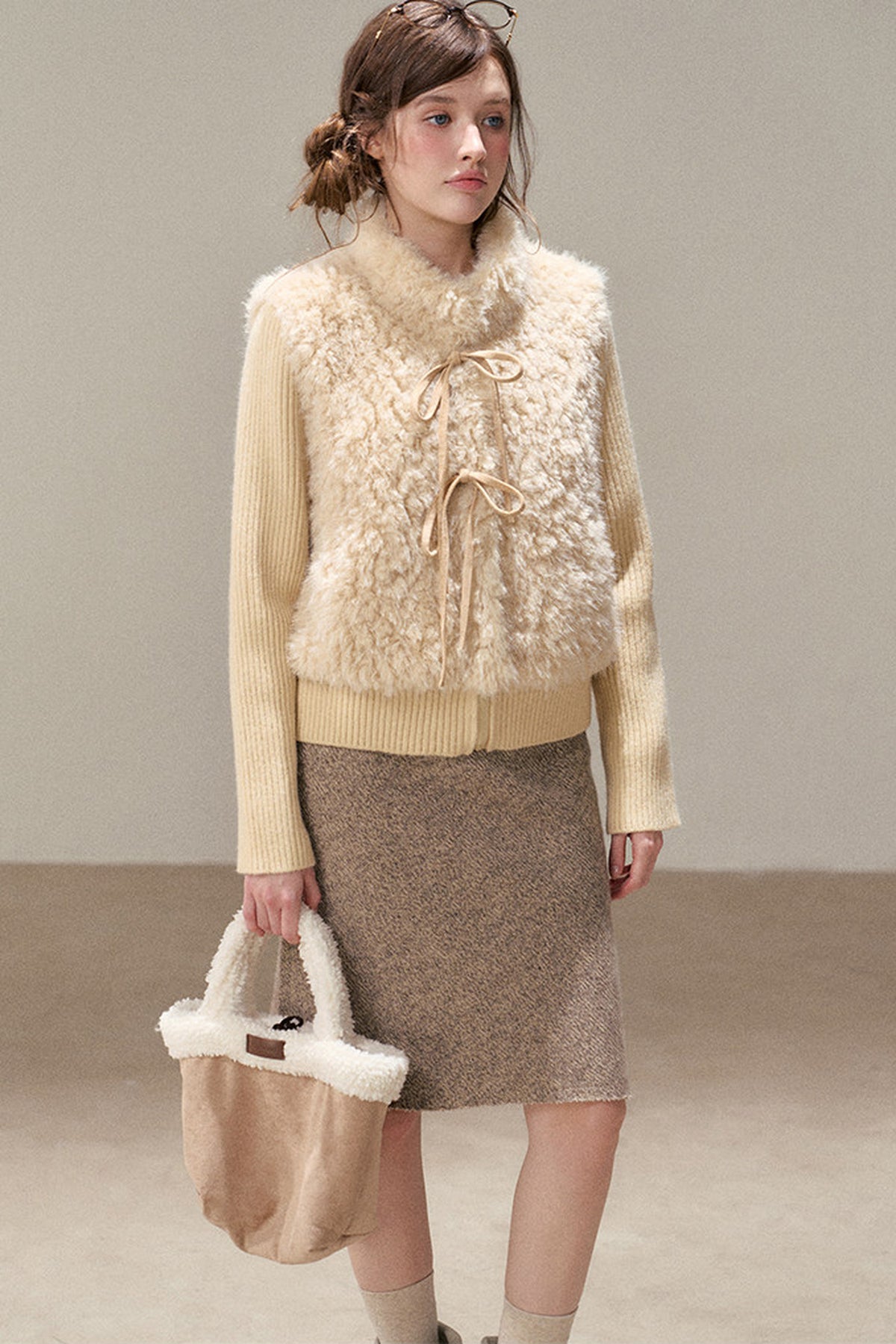 Patchwork Lamb Wool Bowknot Jacket