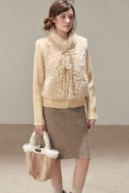 Patchwork Lamb Wool Bowknot Jacket