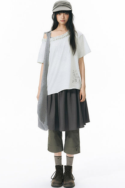 Starwii Printed Ruffled Asymmetrical Shoulder T-Shirt