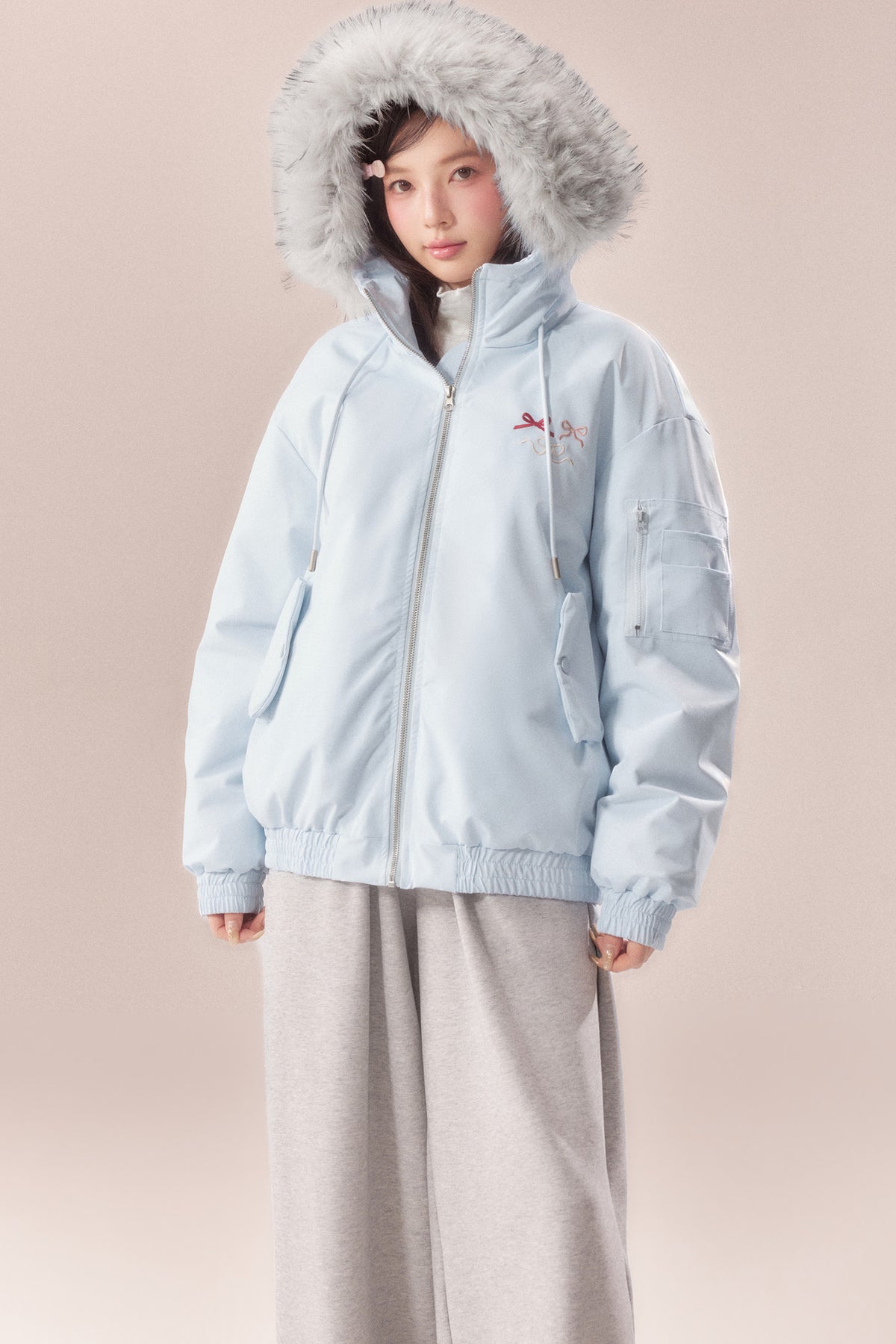 Embroidered Bow Fur Hood Down Jacket
