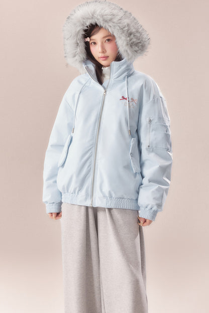 Embroidered Bow Fur Hood Down Jacket