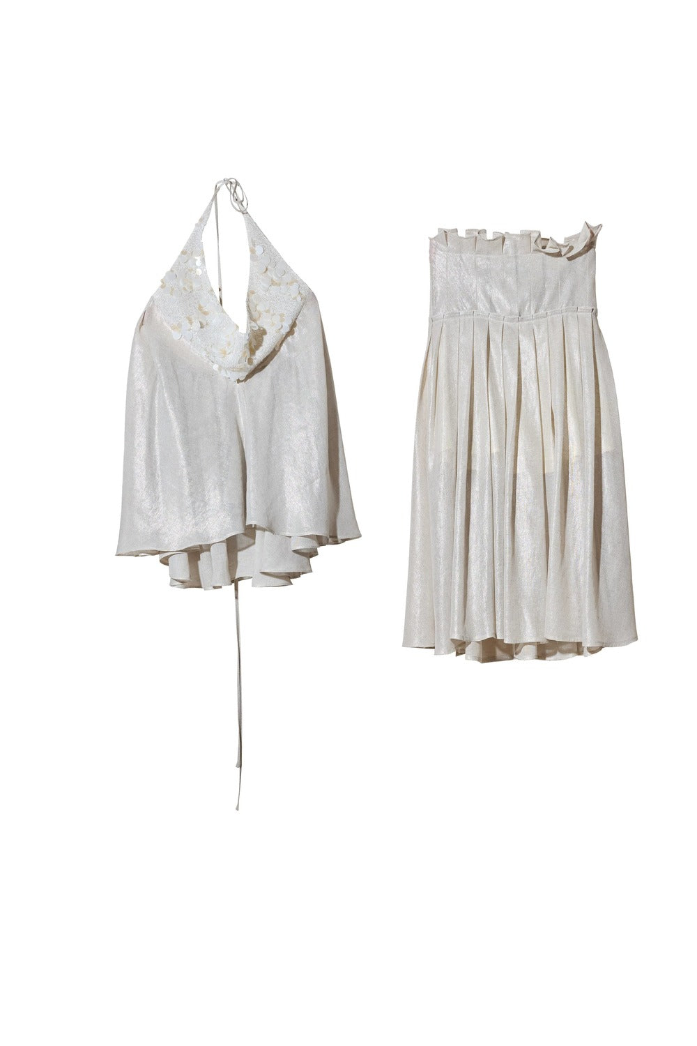 Conjunto de dos piezas con top halter de lentejuelas color melocotón romántico