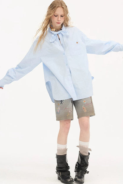 Camicia ricamata a maniche lunghe in stile preppy