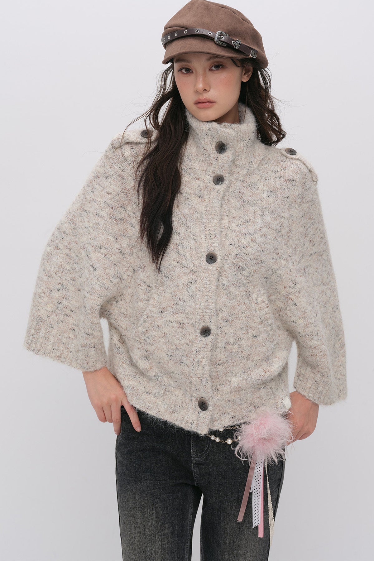 Stand Collar Corsage Knit Cardigan
