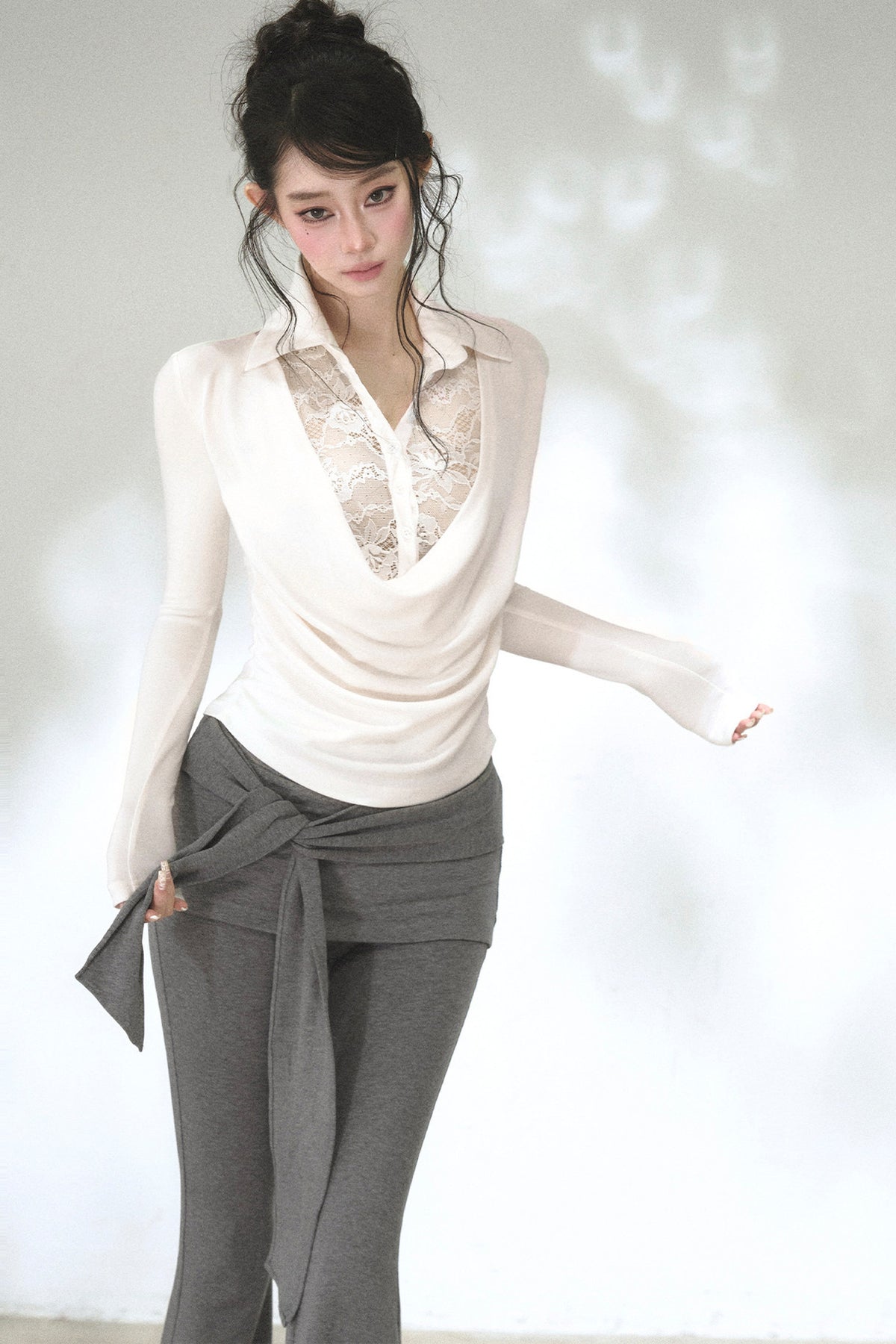 Lace Drape Collar Long-Sleeve Knit Top