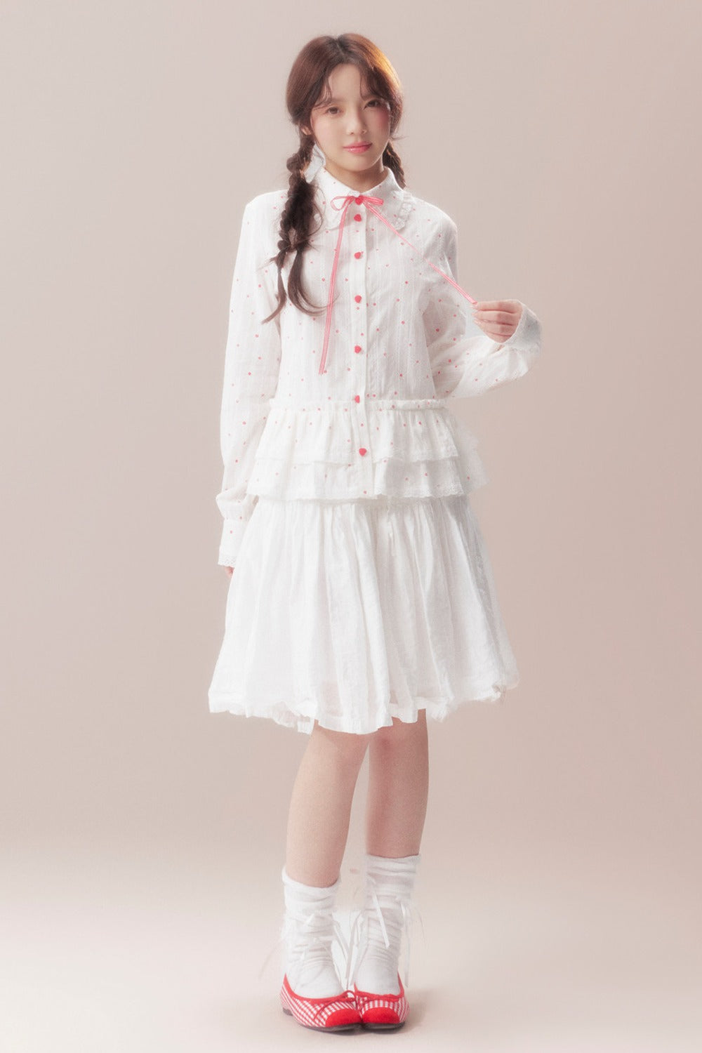 Bow Polka Dot Shirt and Skirt Set-Up