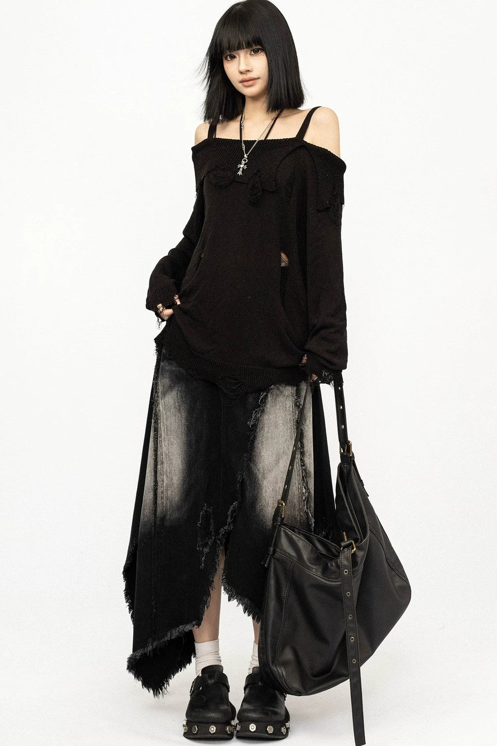 Black Off-Shoulder Knit Blouse