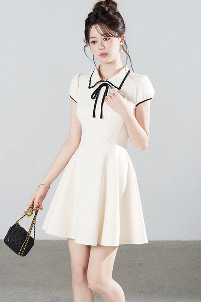 French Style Puff Sleeve Cinched Waist Dress