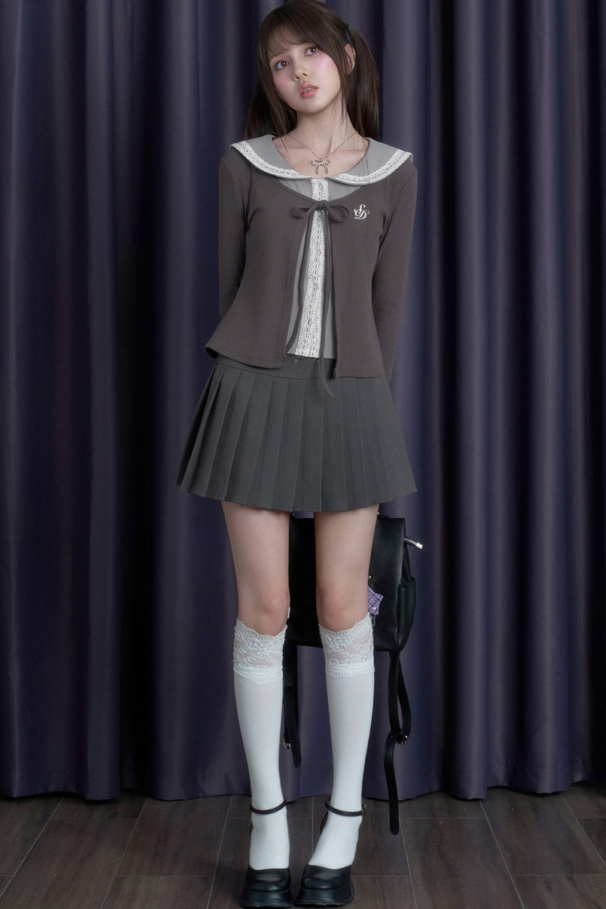 Gray Lace Sailor Collar Top and Skirt Set-Up