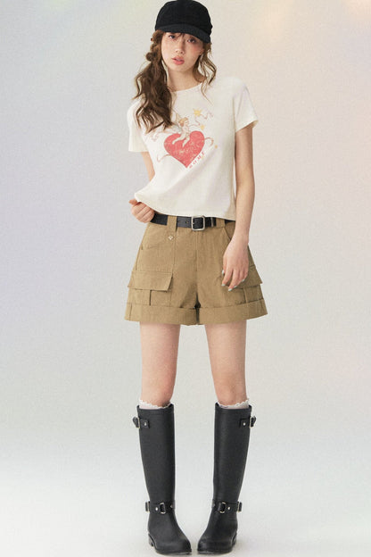 Multi-Pocket Rolled Hem Cargo Shorts