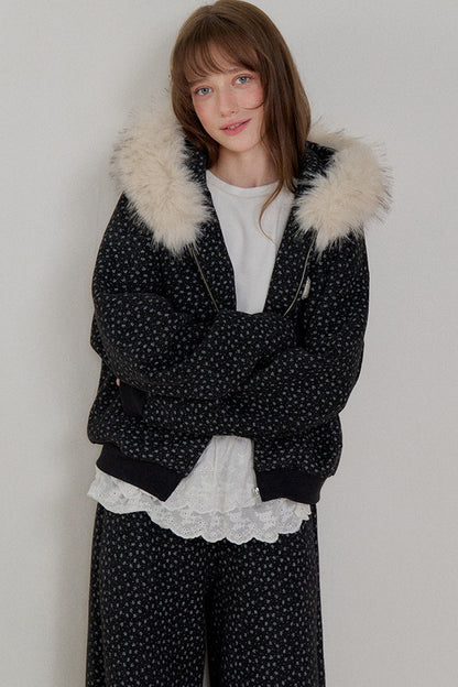 Floral Fur Collar Padded Jacket and Pants