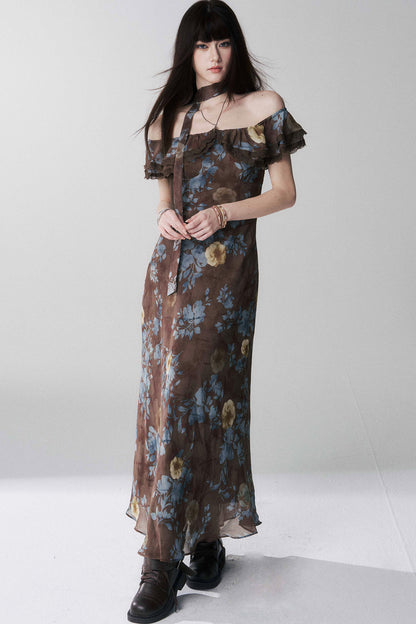Robe une épaule à motif floral café
