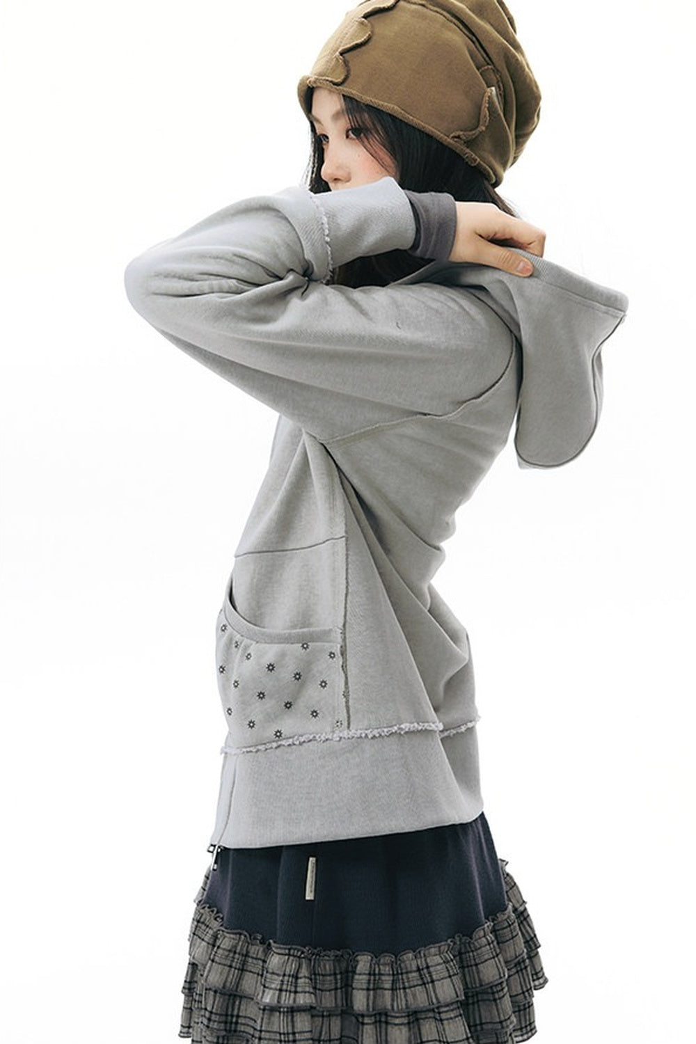 Distressed Floral Print Hooded Open Front Jacket