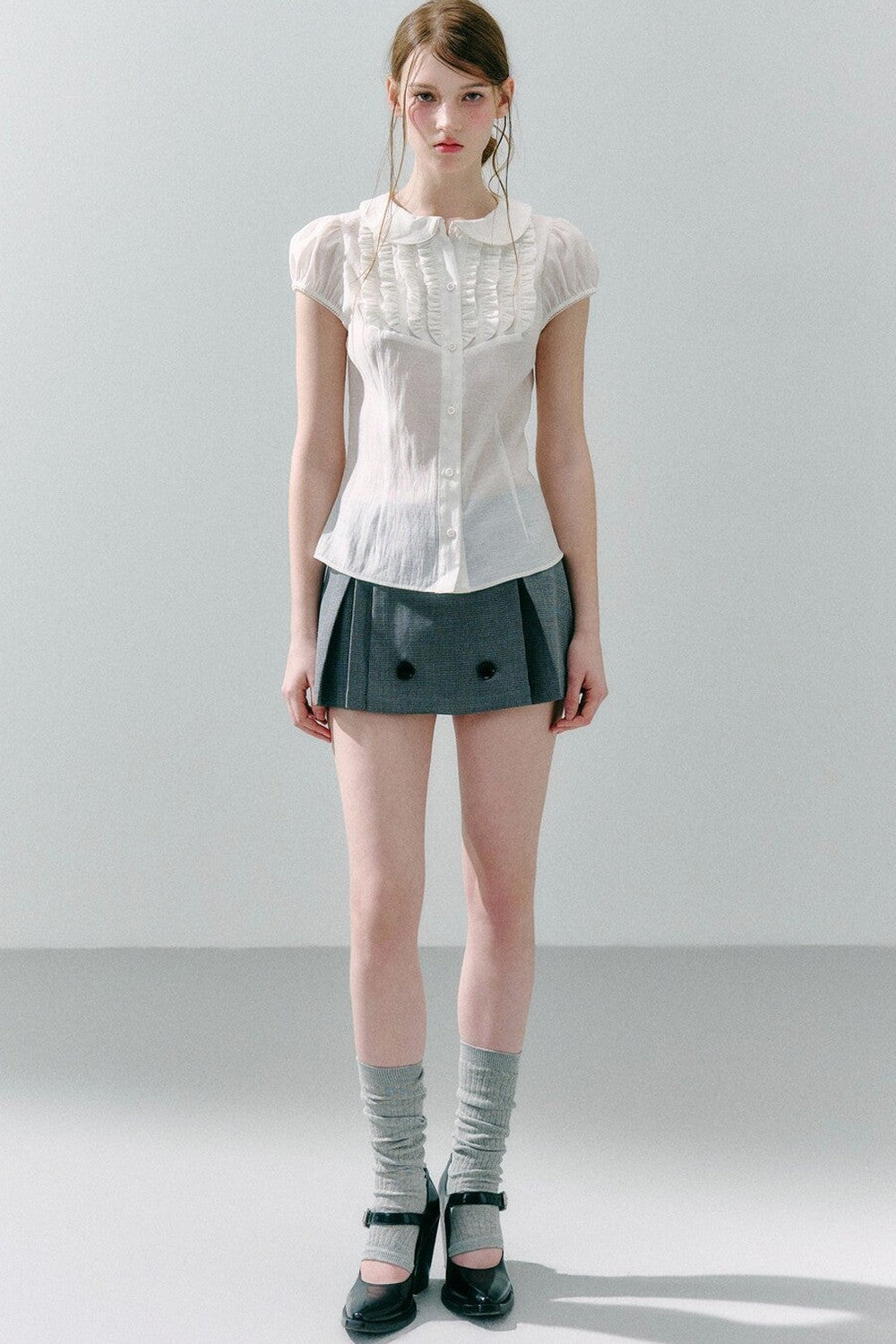 White Acetate Linen Ruffle Blouse