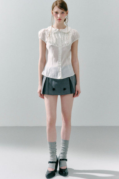 White Acetate Linen Ruffle Blouse