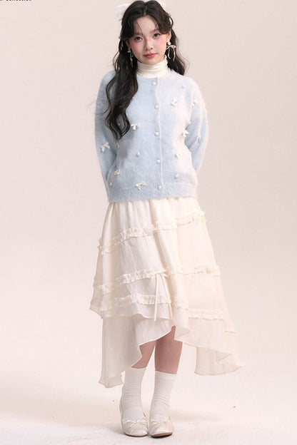 Ballet Bow Knit Cardigan With Skirt Set