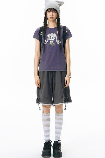 Color-Block Drawstring Elastic Waist Wide-Leg Mid-Length Shorts