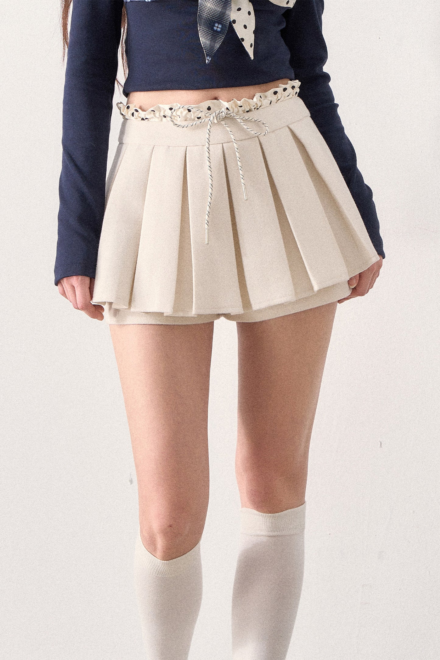 Polka Dot Waistband Layered-Look Pleated Skirt